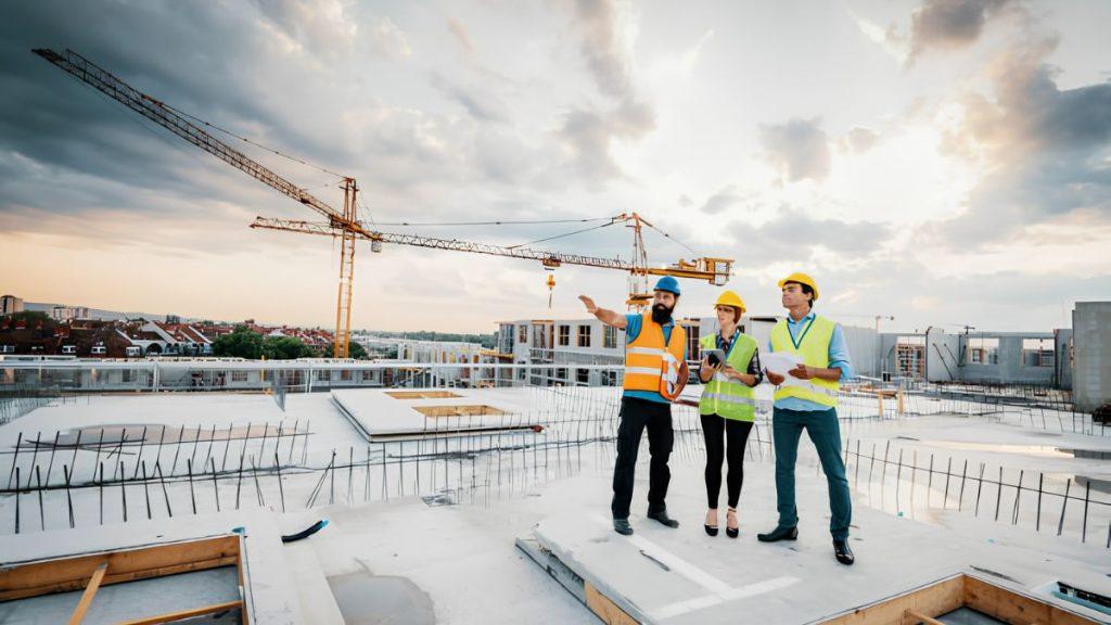 Three Construction Workers Wearing Hard Hats and High‑visibility Vests Stand on a Rooftop, Crane in the Background at Sunset Sizing Up the Site. - Nuevo León Primero