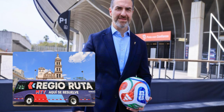 Man in a Blue Blazer Holds a Colorful Soccer Ball at a Stadium Entrance; Inset Shows a Purple Regio Ruta Bus with a Church in the Background. - Nuevo León Primero