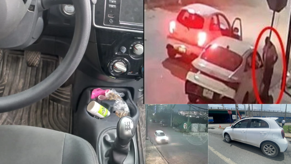 Antonio-de-jesus-r-cayo-preso-por-posesion-of-droga - Nuevo León Primero Collage of Car Scenes: Cluttered Interior with Gear Shift and Cups, an Outside Accident with a Circled Figure Near a Red Car, a Dashcam View of a White Car on a Street, and a White Hatchback Parked in a Lot. - Nuevo León Primero