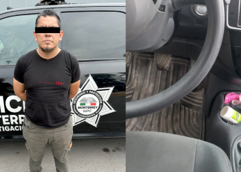 Man with a Black Bar over His Eyes Stands with Hands Behind His Back Beside a Black Police Vehicle Marked Monterrey Sspc. for Context: Informative Image of a Person Near a Police Car. - Nuevo León Primero