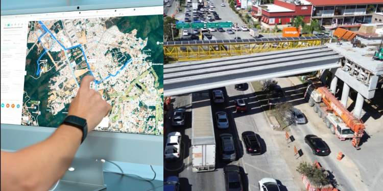 Person Points at a City Map on a Large Monitor While a Busy Construction Site and Traffic-filled Roadway Are Shown. - Nuevo León Primero