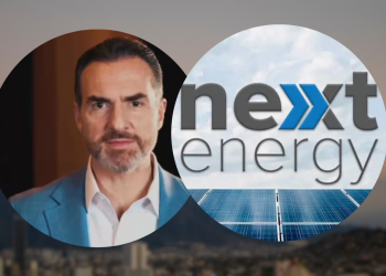 Two Overlapping Circular Crops: a Man in a Blue Blazer on the Left and a 'next Energy' Logo with Solar Panels on the Right, Against a Blurred Cityscape Backdrop. - Nuevo León Primero