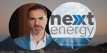 Two Overlapping Circular Crops: a Man in a Blue Blazer on the Left and a 'next Energy' Logo with Solar Panels on the Right, Against a Blurred Cityscape Backdrop. - Nuevo León Primero