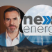 Two Overlapping Circular Crops: a Man in a Blue Blazer on the Left and a 'next Energy' Logo with Solar Panels on the Right, Against a Blurred Cityscape Backdrop. - Nuevo León Primero