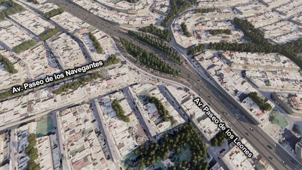 Aerial View of a City with a Large Highway Intersection and Labeled Avenues Av. Paseo De Los Navegantes and Av. Paseo De Los Leones and Surrounding Buildings and Trees. - Nuevo León Primero