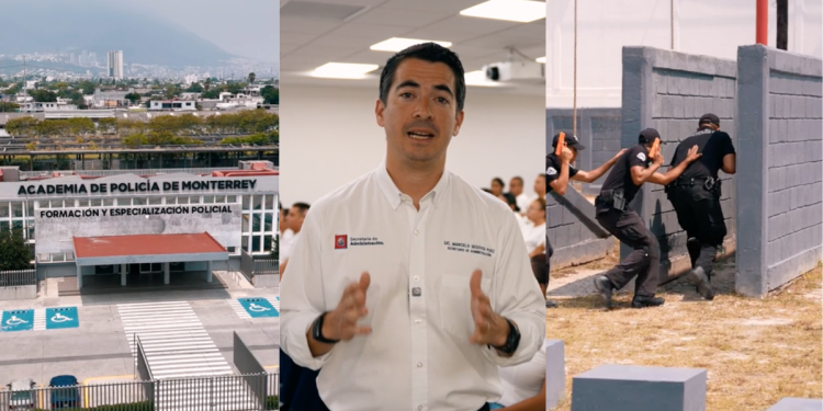 Collage of Three Scenes: Police Academy Exterior with Accessible Parking, a Trainer Addressing a Class, and Officers in a Tactical Drill by a Wall. - Nuevo León Primero