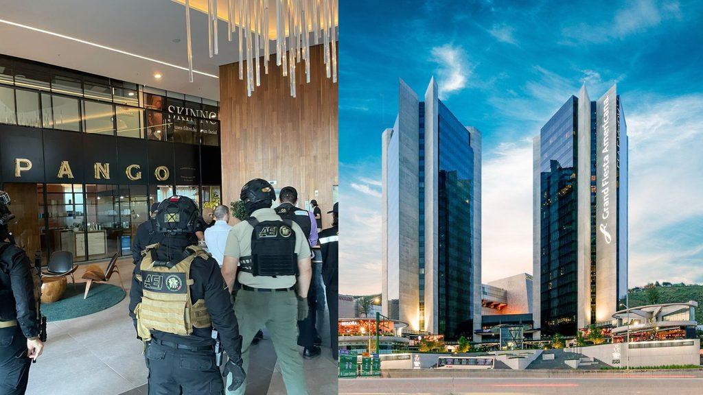 Armed Security Officers in Tactical Gear Inside a Mall-like Foyer, Foregrounding a Storefront with Bold Letters; Right Half Shows a Modern Glass Hotel. - Nuevo León Primero